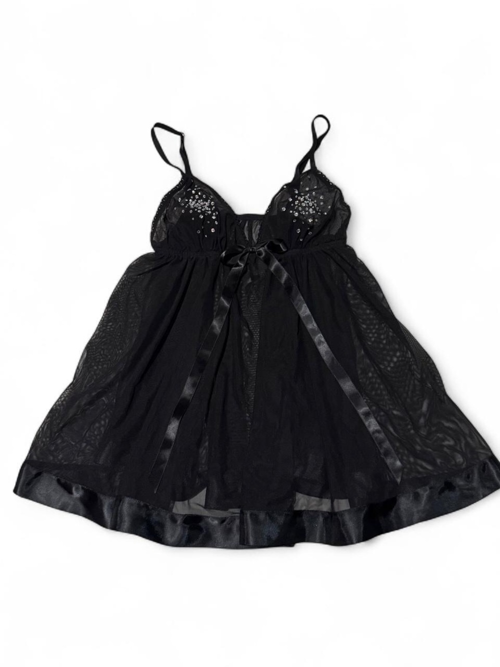 Sheer Black Embellished Babydoll Chemise with Satin Bow